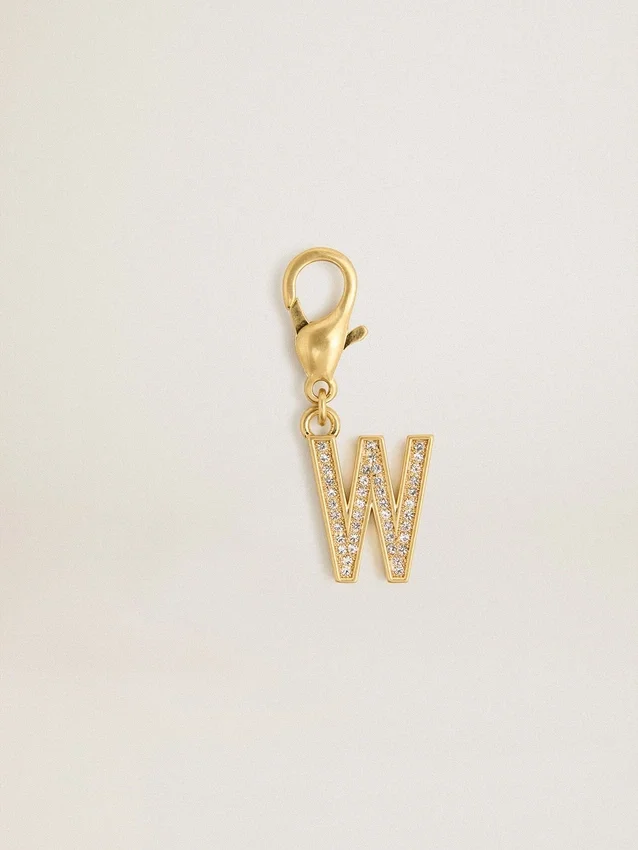 Letter W charm in gold-colored brass with crystals