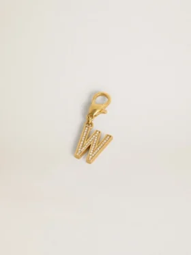 Letter W charm in gold-colored brass with crystals