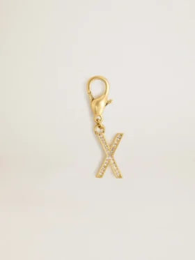 Letter X charm in gold-colored brass with crystals