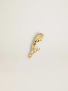 Letter Y charm in gold-colored brass with crystals