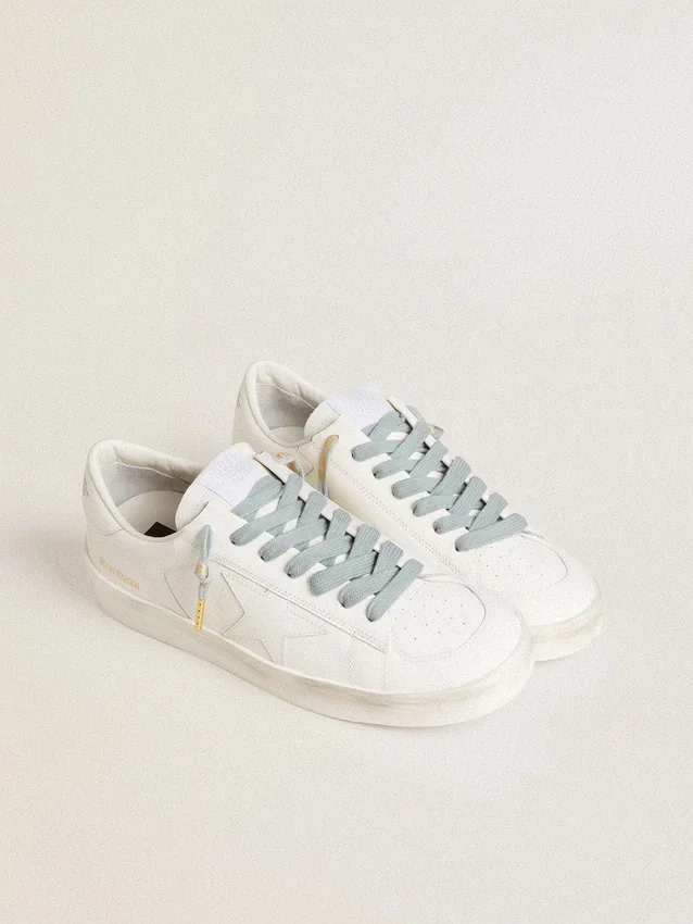 Light-blue cotton laces with contrasting gold-colored logo