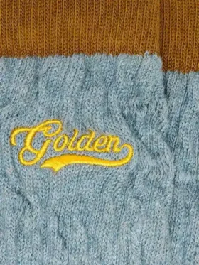 Light blue ribbed socks with brown details and yellow logo