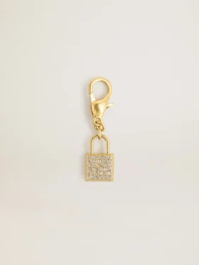 Lock-shaped charm in gold-colored brass with crystals