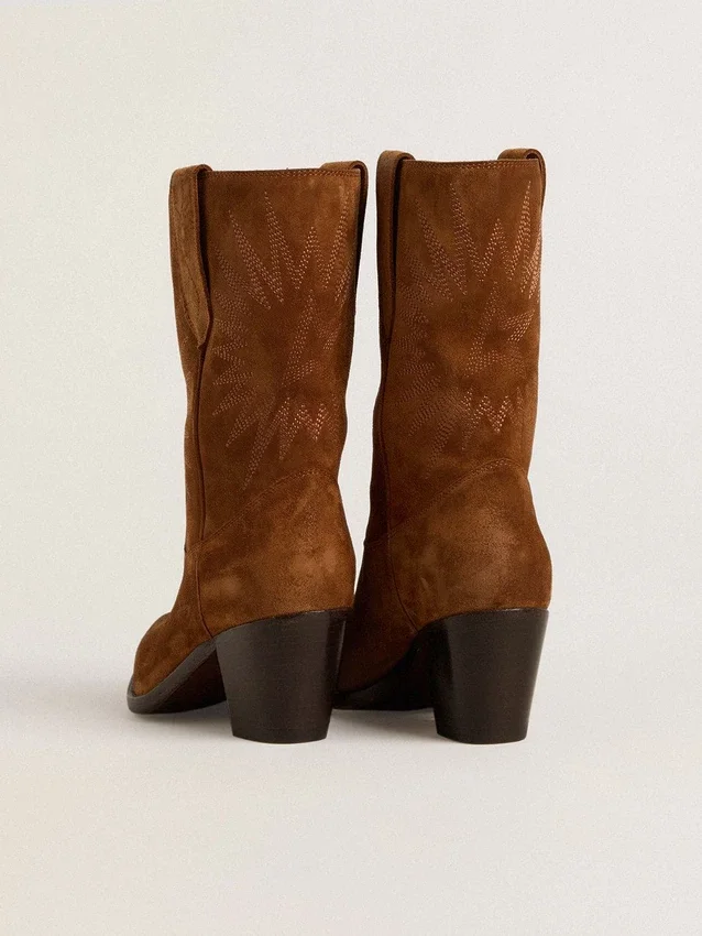 Low Wish Star boots in cognac suede with tone-on-tone embroidered star