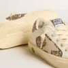 May Teen in white leather and rose gold glitter with beige suede star
