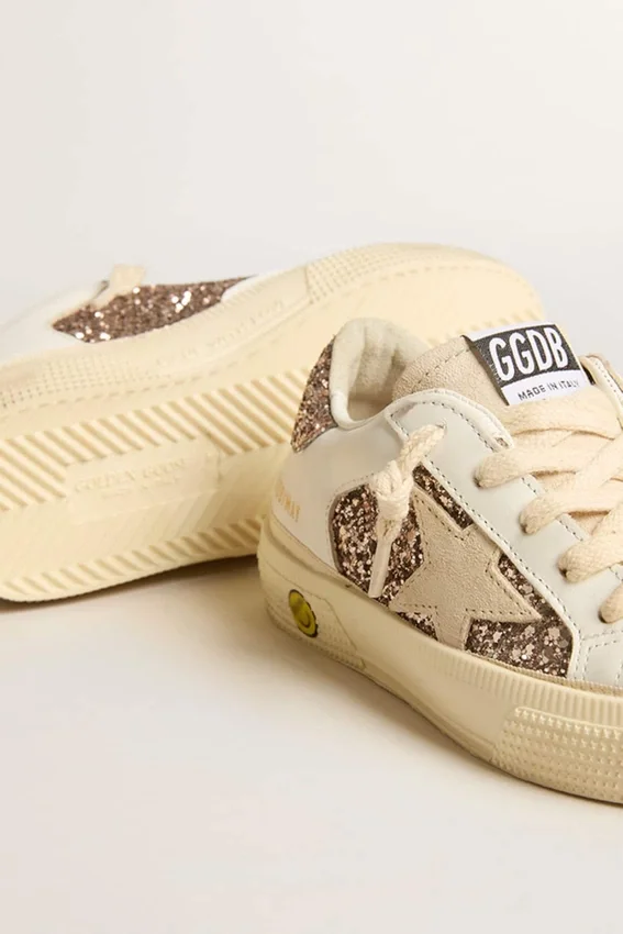 May Teen in white leather and rose gold glitter with beige suede star