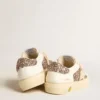 May Teen in white leather and rose gold glitter with beige suede star