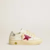 May Young with fuchsia glitter star and metallic leather heel tab