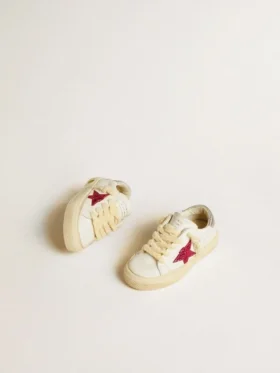 May Young with fuchsia glitter star and metallic leather heel tab