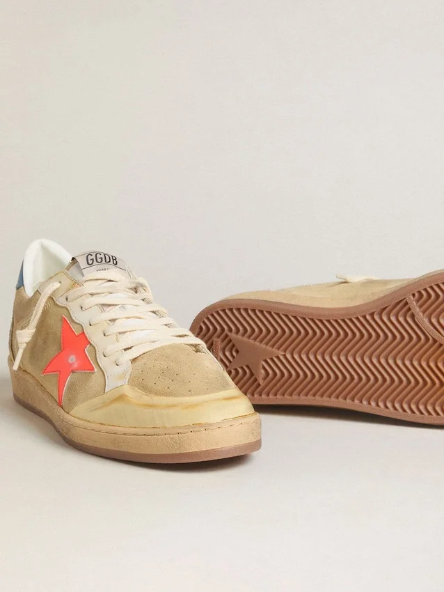 Men's Ball Star in beige suede with coral leather star and blue nappa heel tab