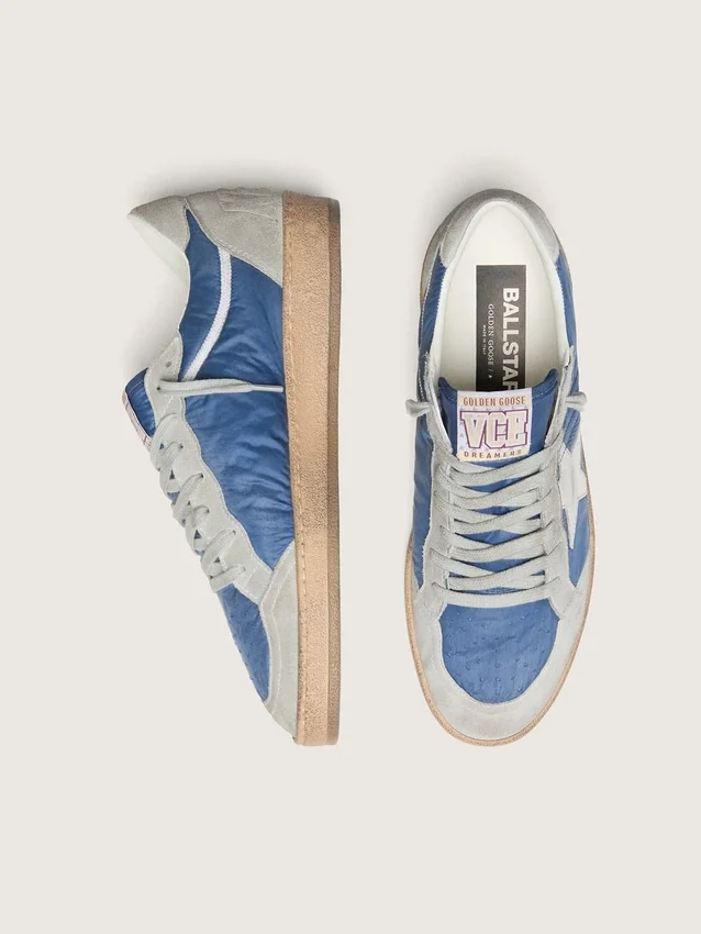 Men’s Ball Star in denim-blue nylon with light gray suede inserts and metallic silver leather star