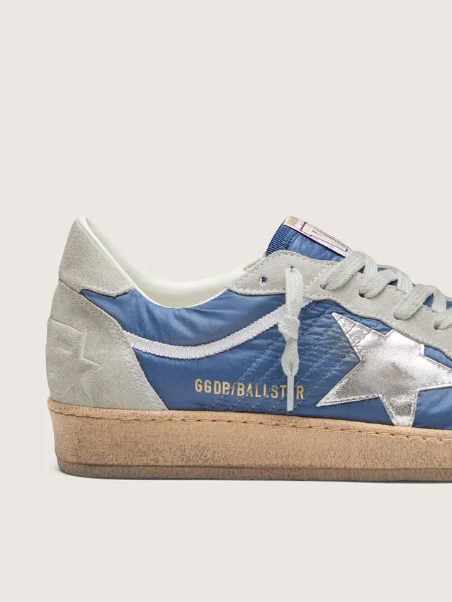 Men’s Ball Star in denim-blue nylon with light gray suede inserts and metallic silver leather star
