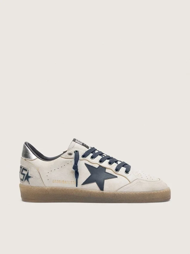 Men’s Ball Star in white leather with dark blue leather star and silver laminated leather heel tab