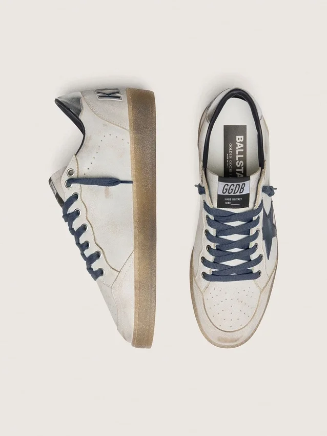 Men’s Ball Star in white leather with dark blue leather star and silver laminated leather heel tab