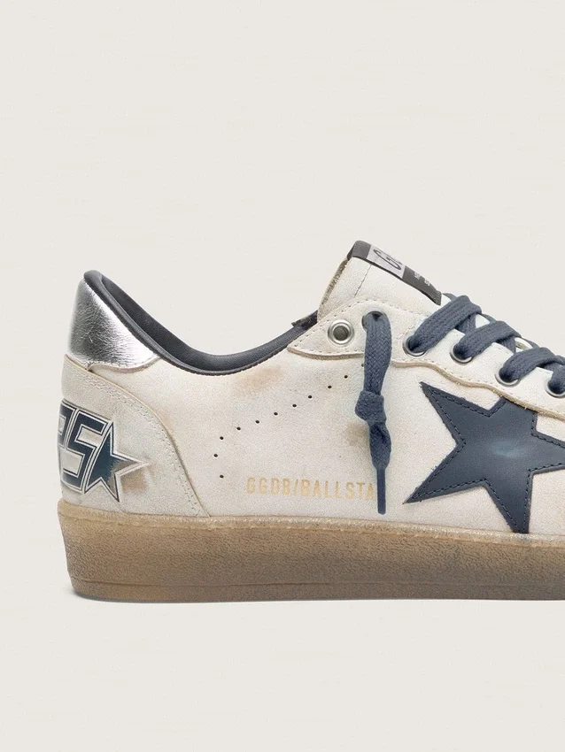 Men’s Ball Star in white leather with dark blue leather star and silver laminated leather heel tab