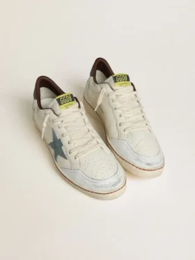 Men’s Ball Star in white leather with light blue suede star and brown nubuck heel tab