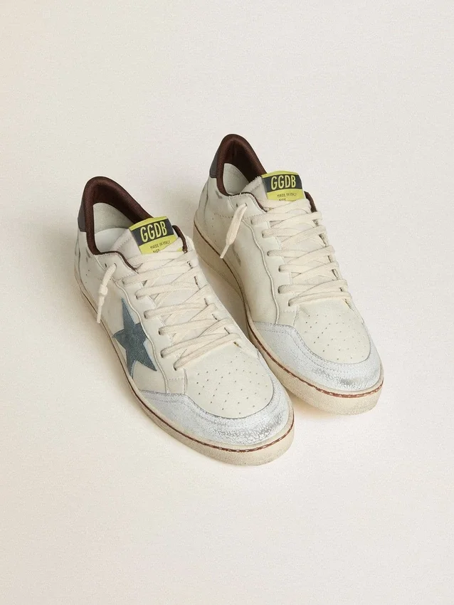 Men's Ball Star in white leather with light blue suede star and brown nubuck heel tab