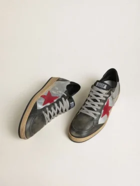 Men’s Ball Star LTD in silver laminated leather with red suede star and black inserts
