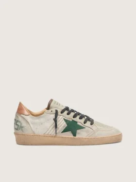 Men’s Ball Star LTD in white pony skin and gray suede with green star