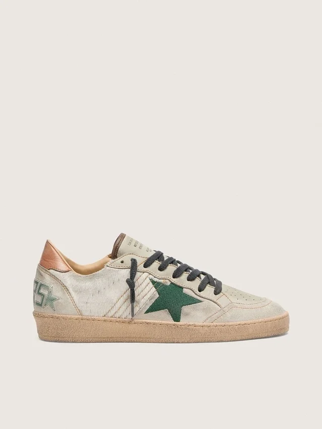 Men’s Ball Star LTD in white pony skin and gray suede with green star