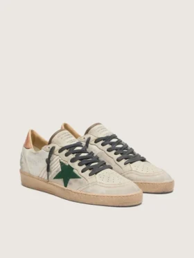 Men’s Ball Star LTD in white pony skin and gray suede with green star