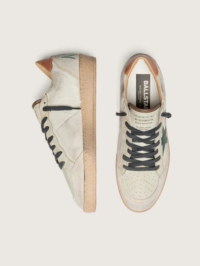 Men’s Ball Star LTD in white pony skin and gray suede with green star