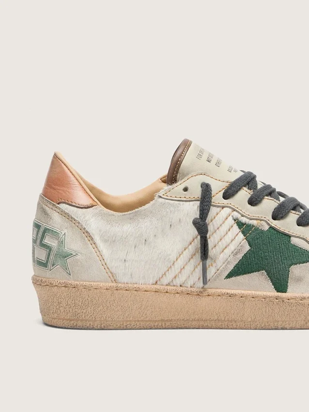 Men’s Ball Star LTD in white pony skin and gray suede with green star