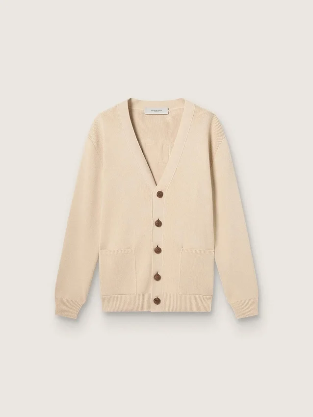 Men’s beige cardigan with 'Golden' lettering on the back