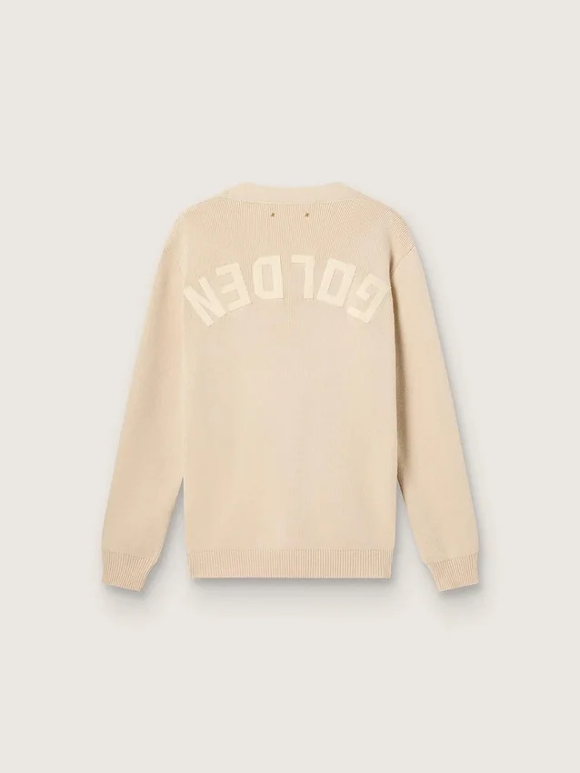 Men’s beige cardigan with 'Golden' lettering on the back