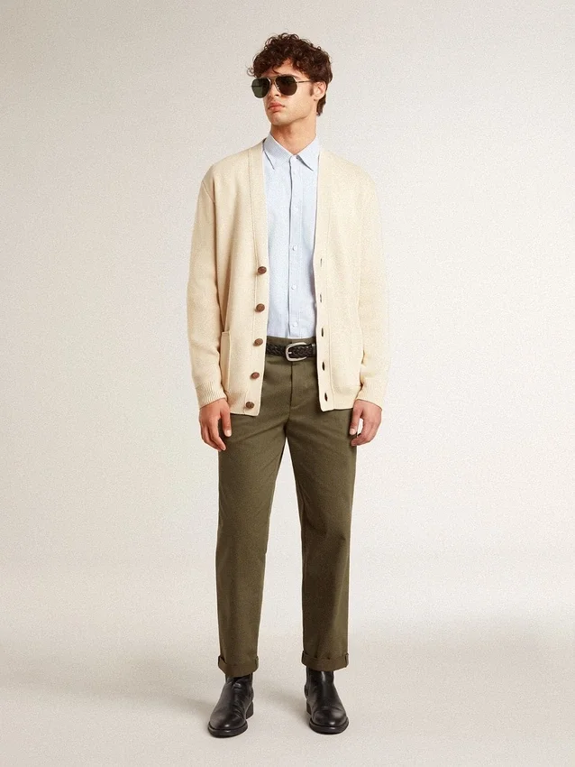 Men’s beige cardigan with 'Golden' lettering on the back