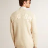 Men’s beige cardigan with 'Golden' lettering on the back