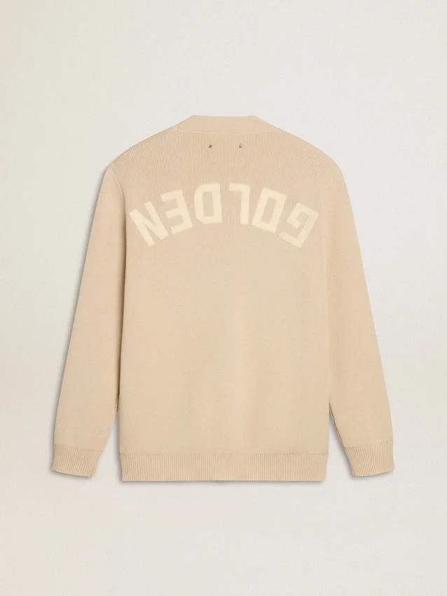 Men’s beige cardigan with 'Golden' lettering on the back