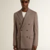 Men's beige chevron wool blend double-breasted blazer