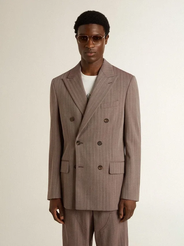 Men's beige chevron wool blend double-breasted blazer