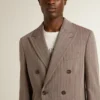 Men's beige chevron wool blend double-breasted blazer