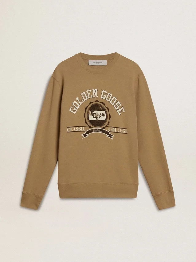 Men's beige cotton sweatshirt with print on the front