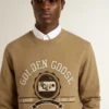 Men's beige cotton sweatshirt with print on the front
