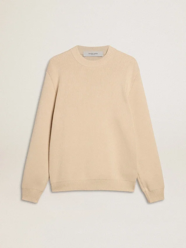 Men’s beige crew neck sweater with ‘Golden’ lettering on the back