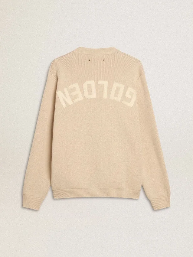 Men’s beige crew neck sweater with ‘Golden’ lettering on the back