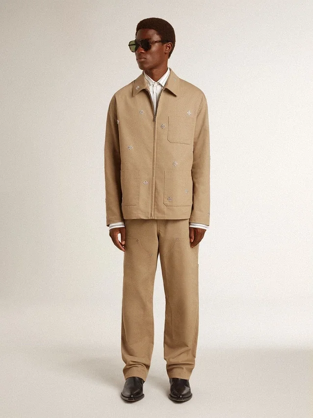 Men's beige jacket with floral embroidery and full zip