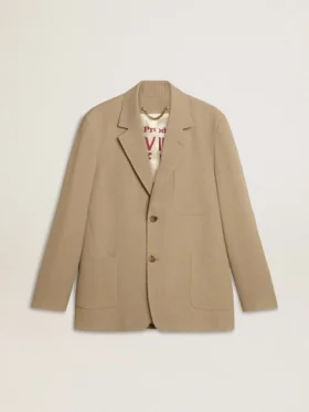 Men's beige pinstripe single-breasted jacket with an oversized fit