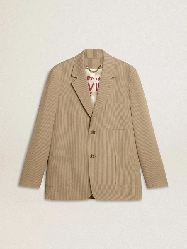 Men's beige pinstripe single-breasted jacket with an oversized fit