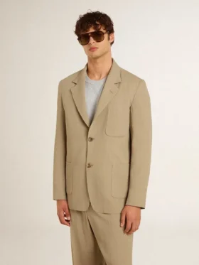 Men’s beige pinstripe single-breasted jacket with an oversized fit