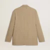 Men's beige pinstripe single-breasted jacket with an oversized fit