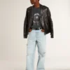 Men’s black leather biker jacket with glossy effect