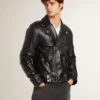 Men’s black leather biker jacket with glossy effect