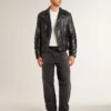 Men’s black leather biker jacket with glossy effect