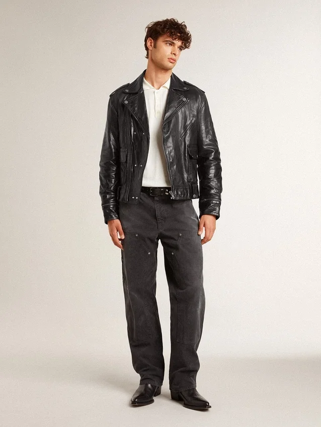 Men’s black leather biker jacket with glossy effect