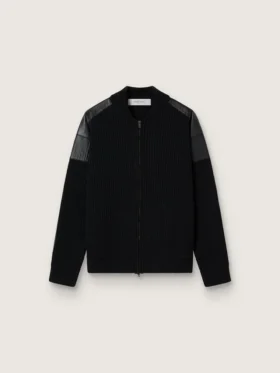 Men's black merino wool jacket with leather patches