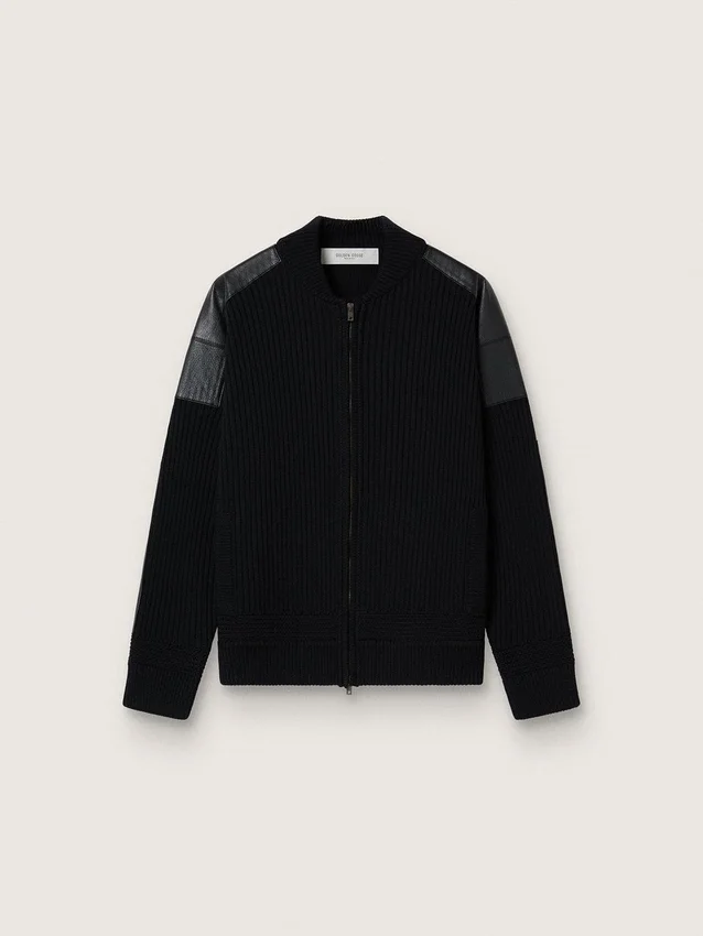 Men's black merino wool jacket with leather patches